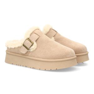 Zuecos con borreguito y plataforma gruesa para mujer — SL-793 — Beige